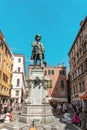 Vintage Statue of Carlo Goldoni under the summer sun Campo San Bartolomeo Venice Veneto Italy Europe EU