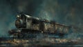 Vintage steam locomotive charging through a misty landscape. dark, moody atmosphere with historical essence. perfect for Royalty Free Stock Photo