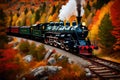 A vintage steam locomotive chugging along a scenic mountain route, surrounded by autumn foliage
