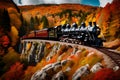 A vintage steam locomotive chugging along a scenic mountain route, surrounded by autumn foliage