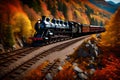 A vintage steam locomotive chugging along a scenic mountain route, surrounded by autumn foliage