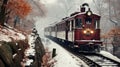 Vintage steam locomotive chugging through snow-covered forests on railway tracks Royalty Free Stock Photo