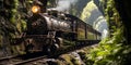 Vintage steam locomotive exiting a tunnel into a lush mountain landscape evoking travel and adventure from a bygone era Royalty Free Stock Photo