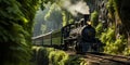 Vintage steam locomotive exiting a tunnel into a lush mountain landscape evoking travel and adventure from a bygone era Royalty Free Stock Photo