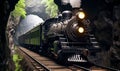 Vintage steam locomotive exiting a tunnel into a lush mountain landscape evoking travel and adventure from a bygone era Royalty Free Stock Photo