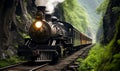 Vintage steam locomotive exiting a tunnel into a lush mountain landscape evoking travel and adventure from a bygone era Royalty Free Stock Photo