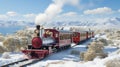 Vintage steam locomotive pulling train against picturesque winter landscape, bathed in sunlight Royalty Free Stock Photo