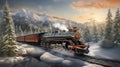 Vintage steam locomotive pulling a train through a picturesque winter landscape bathed in sunlight Royalty Free Stock Photo