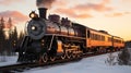 Vintage steam locomotive pulling train through picturesque winter landscape in sunlight Royalty Free Stock Photo