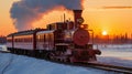 Vintage steam locomotive pulling train through snowy winter landscape with sunlight Royalty Free Stock Photo