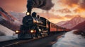 Vintage steam locomotive pulling train through stunning winter landscape with sunlight streaming Royalty Free Stock Photo