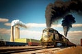 Vintage steam locomotive pulls cargo train loaded with heavy cargo