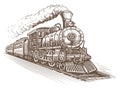 Hand drawn moving retro train, sketch. Vintage steam locomotive in style of old engraving. Vector illustration Royalty Free Stock Photo
