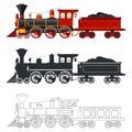 Vintage steam locomotive train with tender wagon in retro style. Three different options: color, silhouette, outline