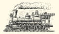 Hand drawn moving retro train, sketch. Vintage steam locomotive transport in style of old engraving. Vector illustration Royalty Free Stock Photo