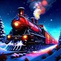 Vintage steam locomotive in winter landscape - illustration for children. Generative AI Royalty Free Stock Photo