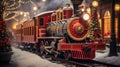 A vintage steam train adorned with Christmas decorations is stationed amidst a snowy, festive atmosphere with sparkling lights and Royalty Free Stock Photo