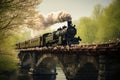 Vintage steam train crossing an old stone bridge over a river at the spring forest with a blooming flowers Royalty Free Stock Photo