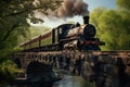 Vintage steam train crossing an old stone bridge over a river at the spring forest Royalty Free Stock Photo