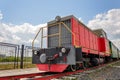 vintage steam train hurtling at speed along the rails close-up, retro vehicle, steam engine Royalty Free Stock Photo