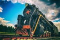 Vintage steam train on the rails, close-up, retro vehicle, steam engine Royalty Free Stock Photo