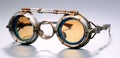 Vintage steampunk eyeglasses, temples open front view studio lighting.