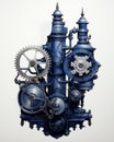 Vintage steampunk mechanism illustration with nostalgic charm in muted dark blue tones
