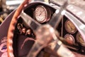 Vintage steering wheel in antique car