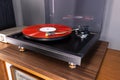 Vintage Stereo Turntable Plays Red Vinyl Record Album Royalty Free Stock Photo