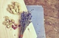 Vintage stil life with peanuts and bundle of lavender