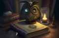 Vintage Still-life with Ancient Books, Glasses, Antique Ornate Owl Shaped Cup and a Burning Candle on a Rustic Wooden Table Royalty Free Stock Photo