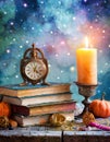 Vintage still life with antique books, clock and candle. Halloween and occult concept