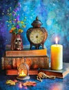 Vintage still life with antique books, clock and candle. Halloween and occult concept