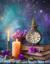 Vintage still life with antique books, clock and candle. Halloween and occult concept