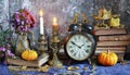 Vintage still life with antique books, clock and candle. Halloween and occult concept