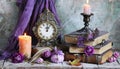 Vintage still life with antique books, clock and candle. Halloween and occult concept