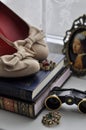 Vintage still life with books and retro shoes