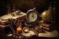 Vintage still life with compass, globe, books and burning candle, Vintage still life with compass, old map, and other objects, AI Royalty Free Stock Photo