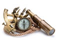 Vintage still life with compass,sextant and spyglass on white background Royalty Free Stock Photo