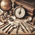 A vintage still life featuring a compass, globe, and map on a table surrounded by books and drafting tools. Royalty Free Stock Photo