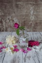 Vintage Still Life Flowers On Rustic Whitw Table