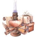 Vintage still life with oil lamp and parchment paper scrolls. Royalty Free Stock Photo