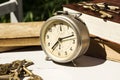 Vintage still life with old alarm clock, keys and books Royalty Free Stock Photo