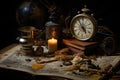 Vintage still life with old books, clock, compass and candle on dark background, Vintage still life with compass, old map, and Royalty Free Stock Photo