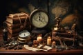 Vintage still life with old books, compass, clock and candlestick, Vintage still life with compass, old map, and other objects, AI Royalty Free Stock Photo