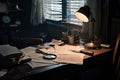 Vintage still life with old papers, magnifier, books and a lamp on the table.