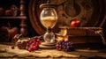 Vintage still life with sand hourglass, books stack and fruits generative ai