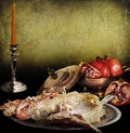 Vintage still life,seafood,with silverware and pomegranates