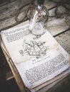 Vintage still life with sextant picture in a old book and empty glass bottle with rope on aged wooden background. The