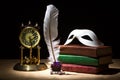 Vintage still life with theater mask on old books near inkstand, feather, old clock against black background under beam of light.